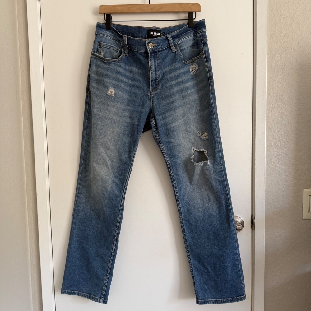 RSQ Slim Straight Distressed Jeans Medium Wash 32x30 90s Grunge Indie Barncore